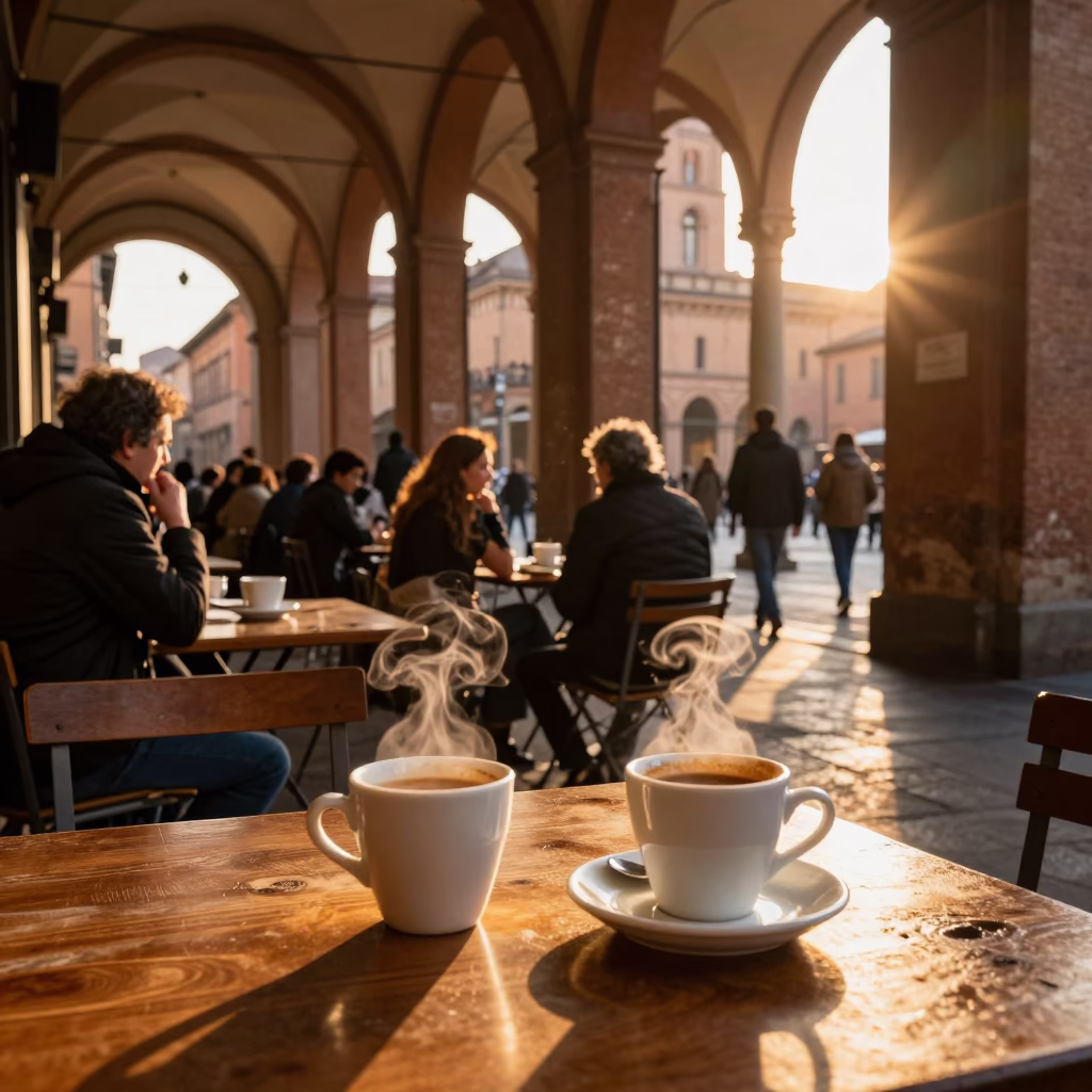 Evening light on Bologna porticoes with ceramic coffee cups and basil garnish in in Bologna, Italy