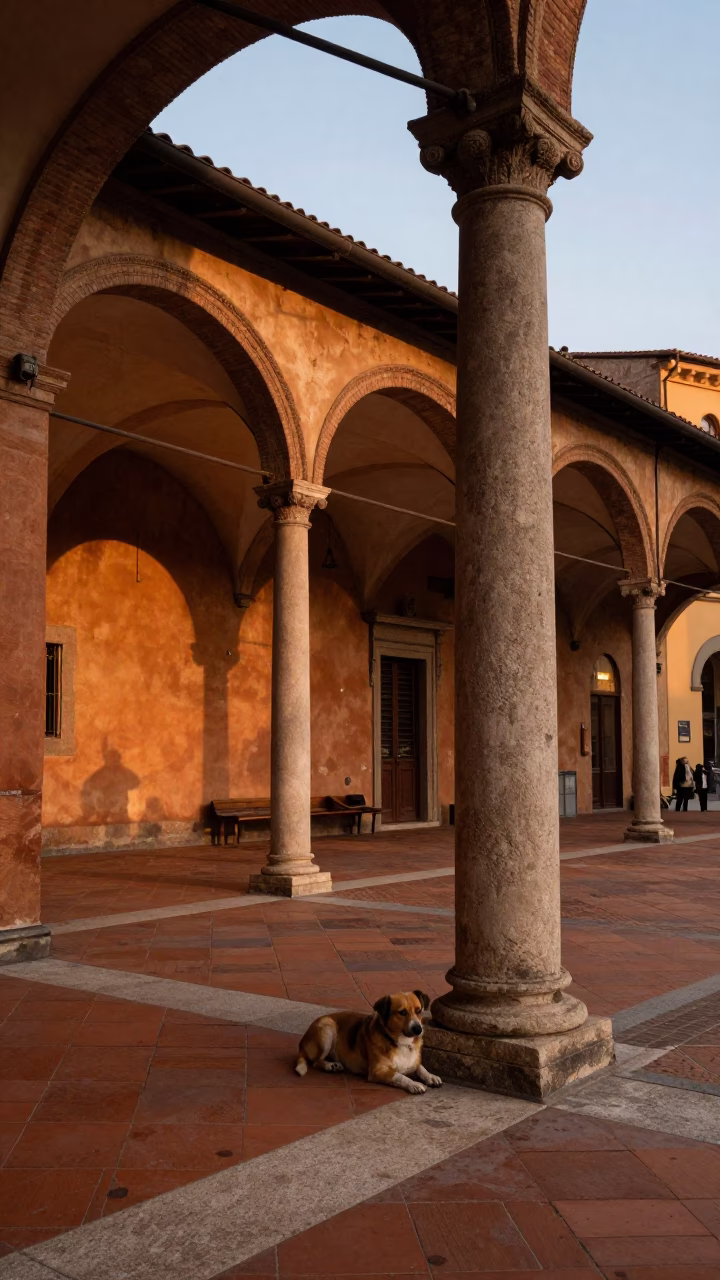 Evening light on Bologna porticoes with small dog and ceramic mugs in in Bologna, Italy