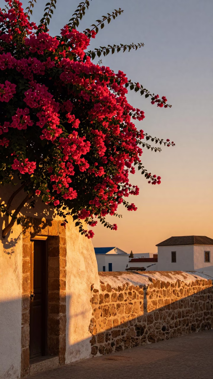 Evening Light on Bougainvillea and Stone Walls in Essaouira Morocco in in Essaouira, Morocco