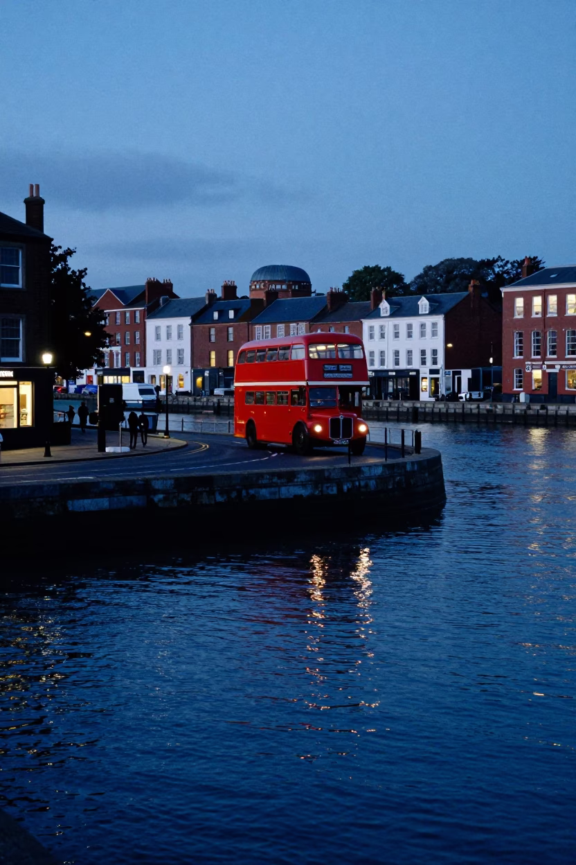 Evening Light on Bristol Harbour Waterside Scene with Classic Bus and Street Life in in Bristol, United Kingdom