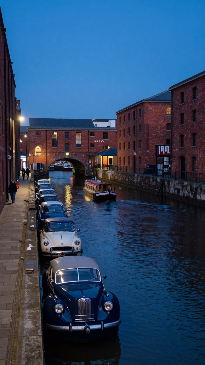 Evening Light on Bristol Harbourside with Vintage Cars and Canal Boats in in Bristol, United Kingdom