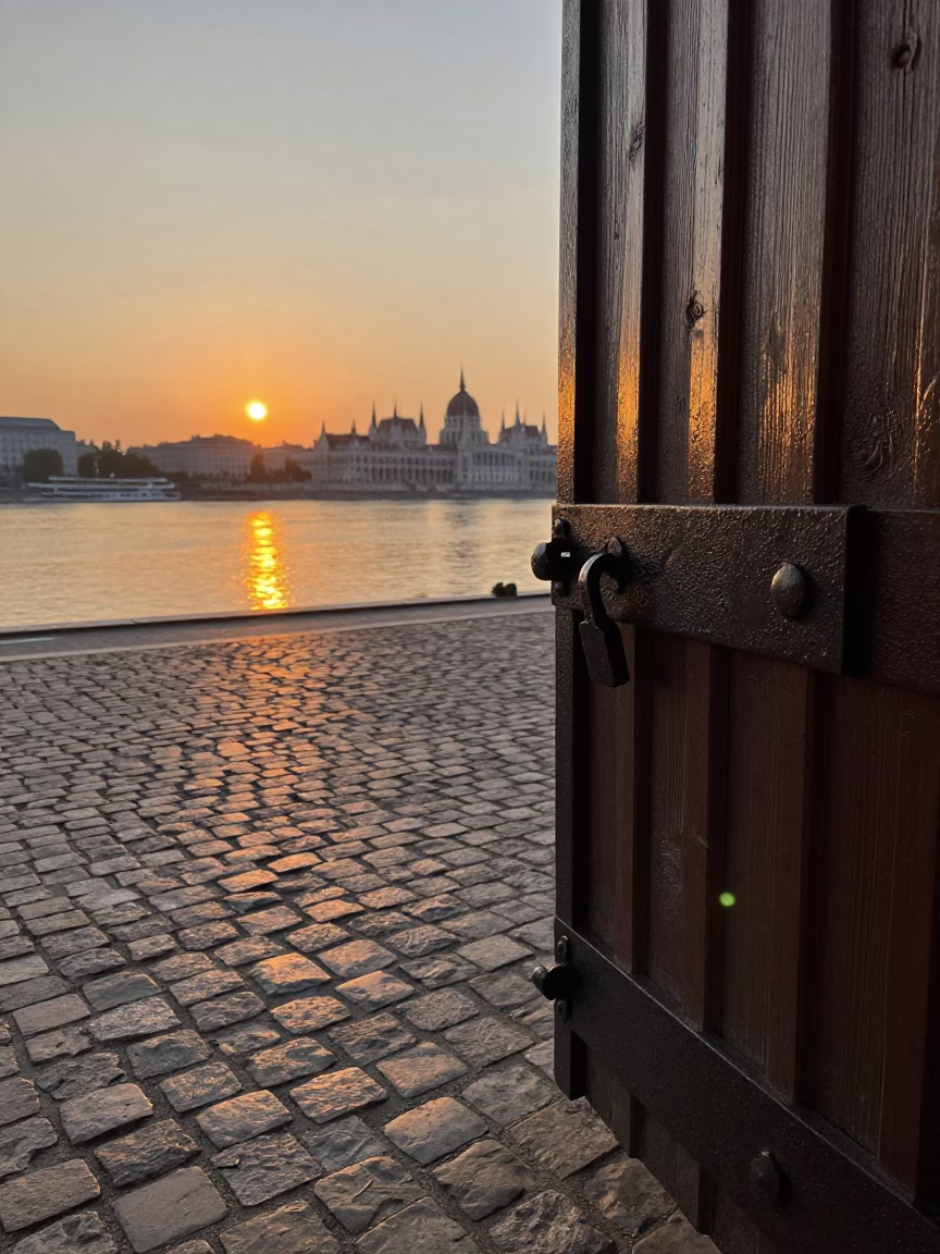 Evening light on Budapest Danube bank with iron deadbolt detail and tram tracks in in Budapest, Hungary