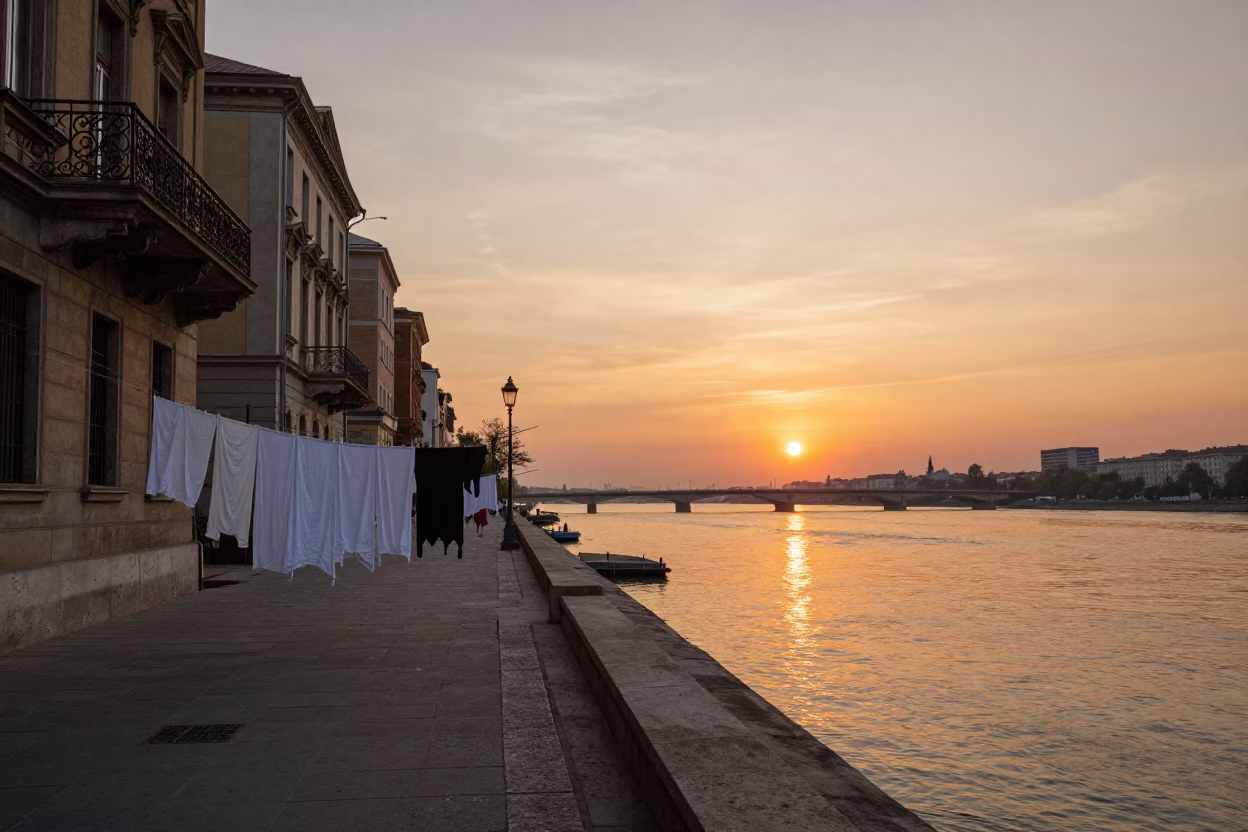 Evening light on Budapest Danube embankment with laundry lines and historic architecture in in Budapest, Hungary