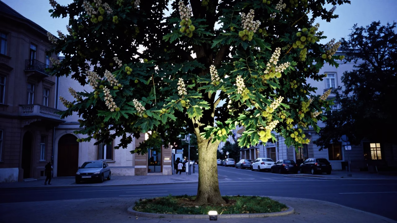 Evening Light on Budapest Street Corner with Chestnut Tree and Vintage Birdhouse in in Budapest, Hungary