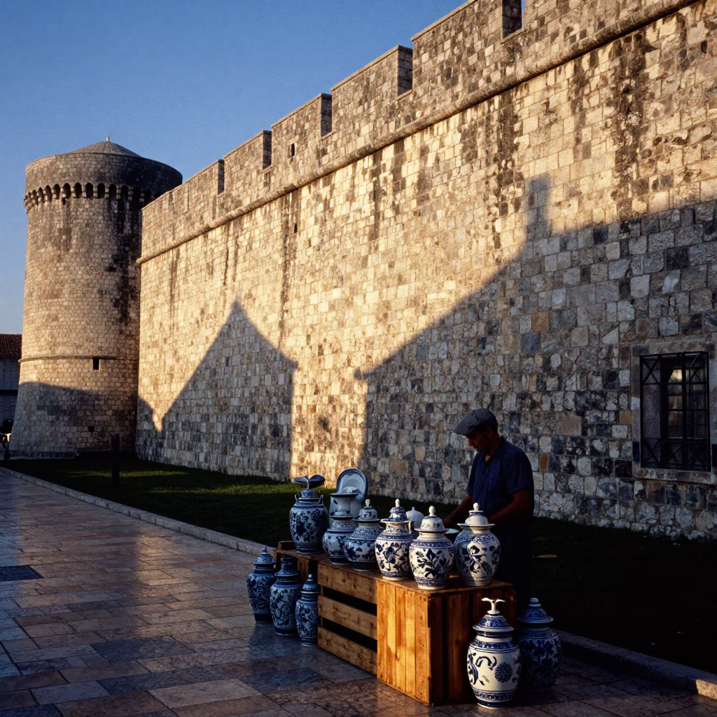 Evening Light on Dubrovnik Old Town Stone Wall with Local Market Goods in in Dubrovnik, Croatia