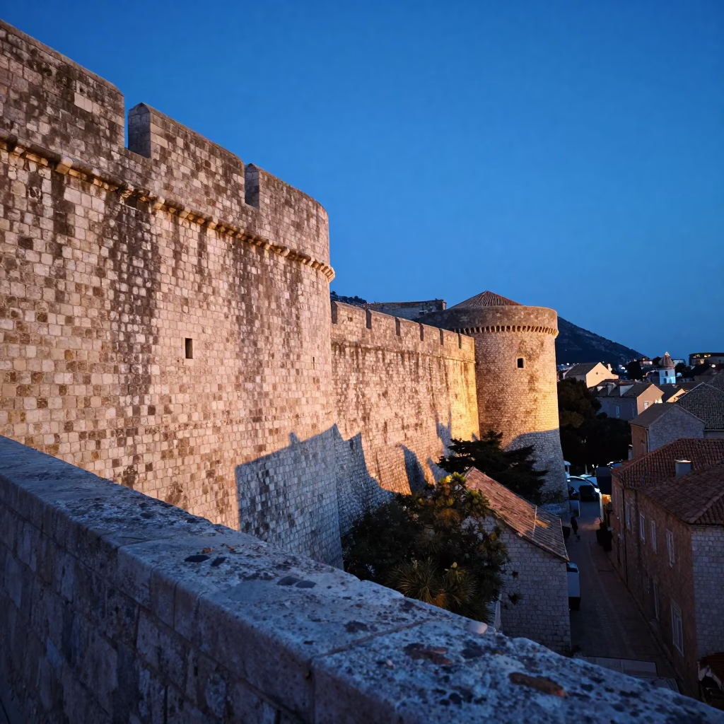 Evening Light on Dubrovnik Old Town Stone Walls and Local Laundry Drying in in Dubrovnik, Croatia
