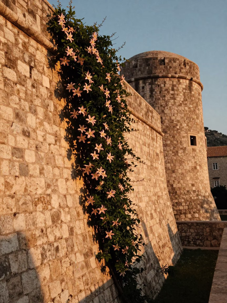 Evening Light on Dubrovnik Stone Wall with Clematis Vine and Black Cat in in Dubrovnik, Croatia