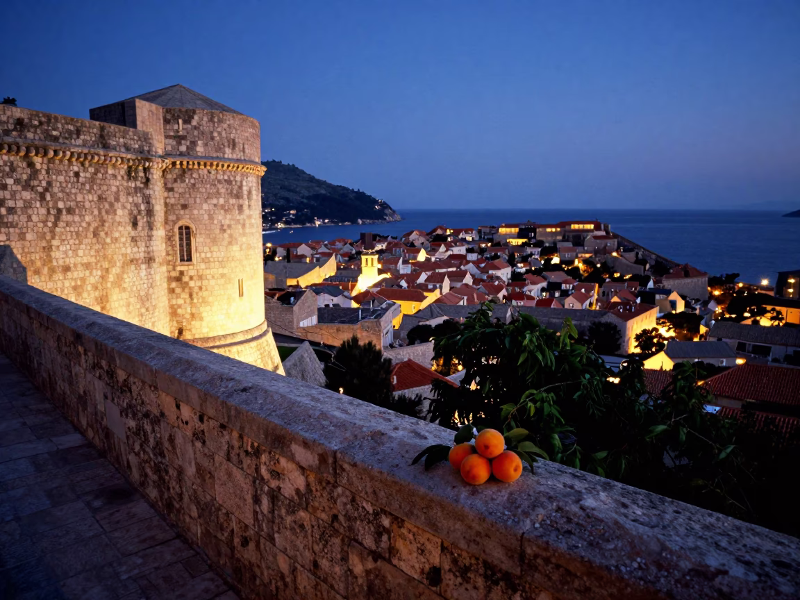 Evening Light on Dubrovnik Stone Walls with Apricots and Steel Cup in in Dubrovnik, Croatia