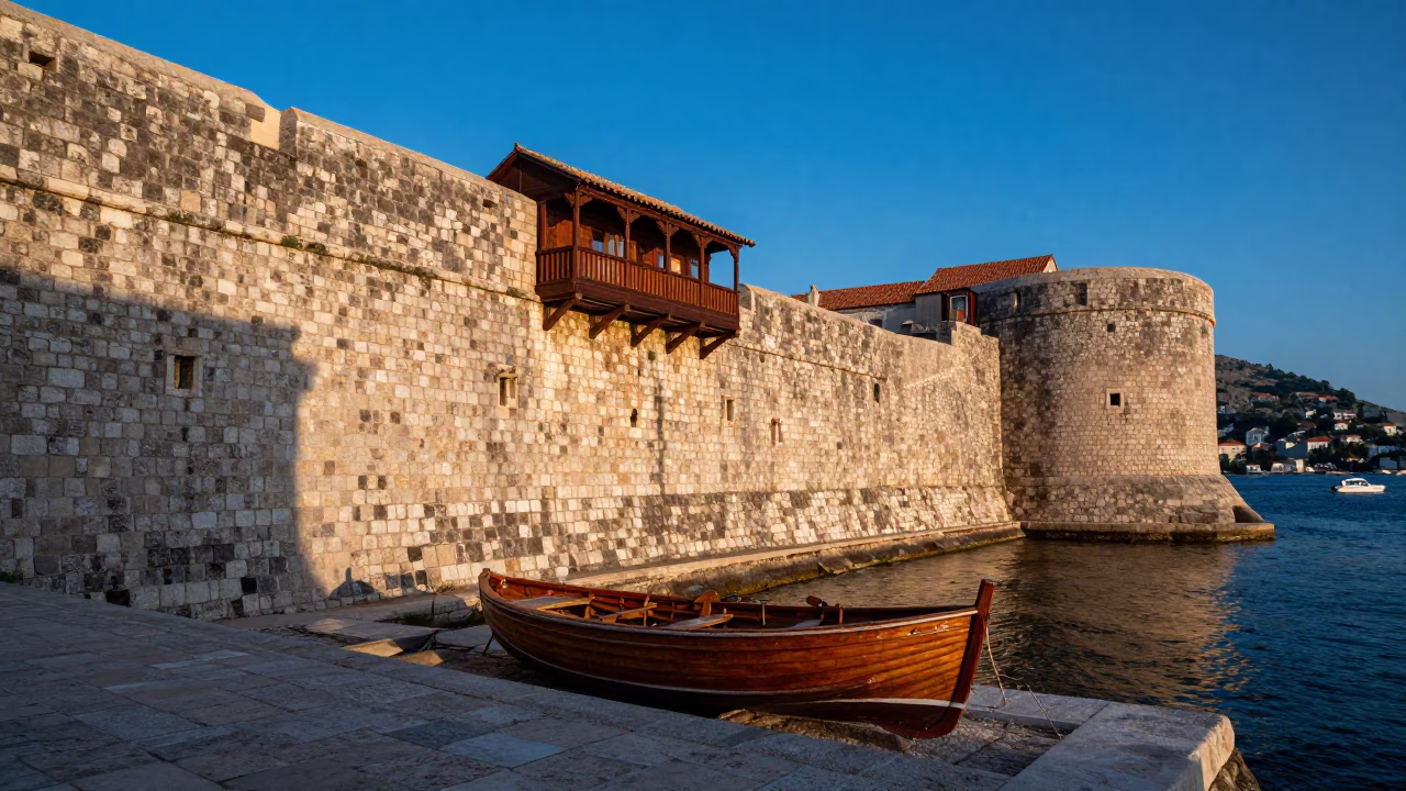 Evening light on Dubrovnik stone walls with traditional wooden boat details in in Dubrovnik, Croatia