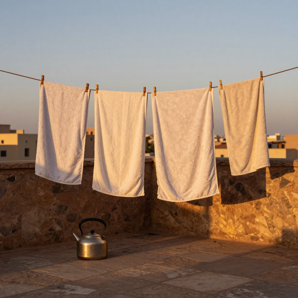 Evening Light on Fez Terrace Drying Towels and Kettle in in Fez, Morocco