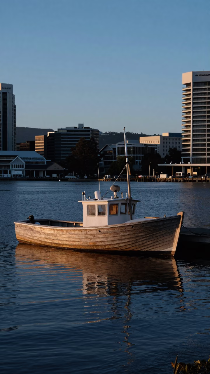 Evening Light on Hobart Waterfront with Wooden Fishing Boat and Cesky Terrier in in Hobart, Tasmania, Australia