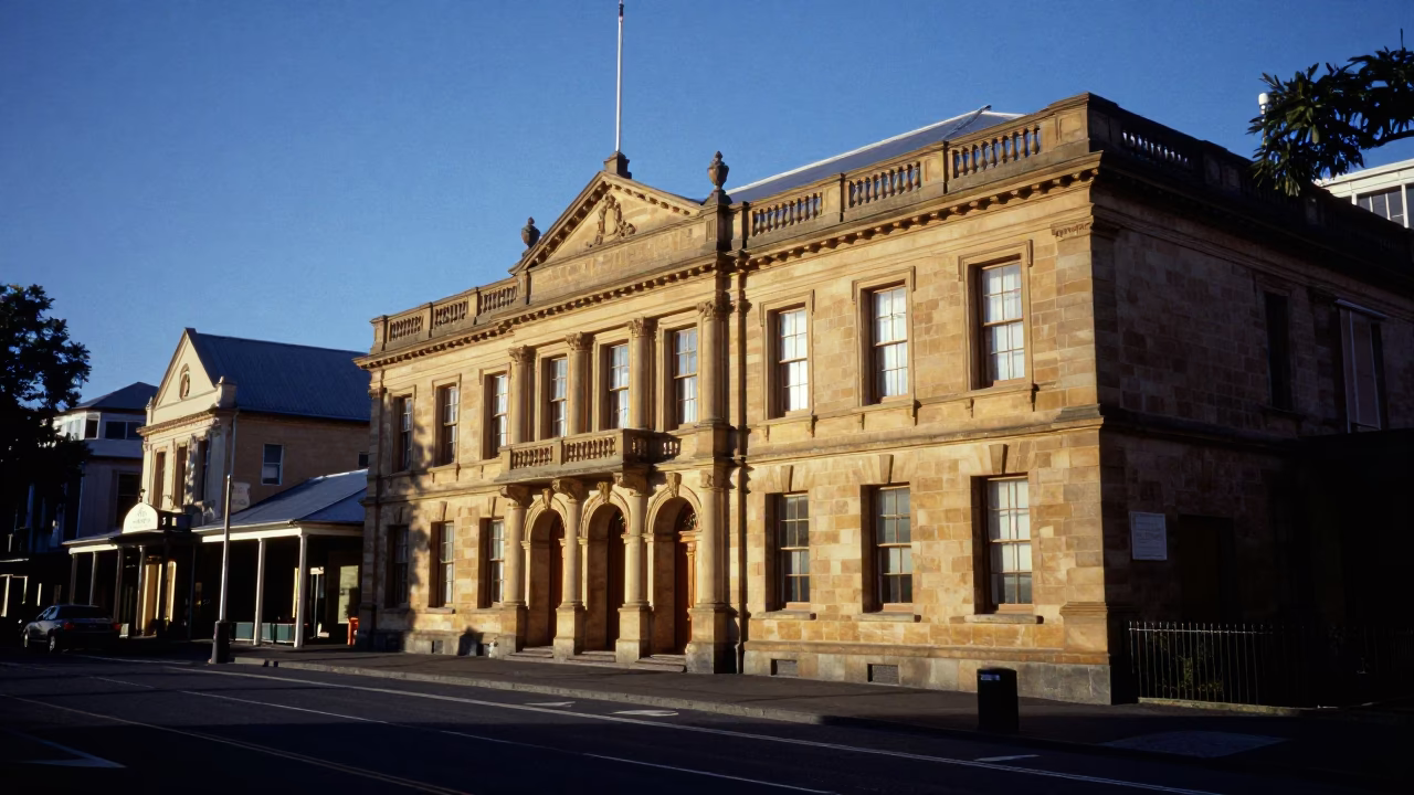 Evening Light on Hobart’s Salamanca Place with Stone Buildings and Market Stalls in in Hobart, Tasmania, Australia