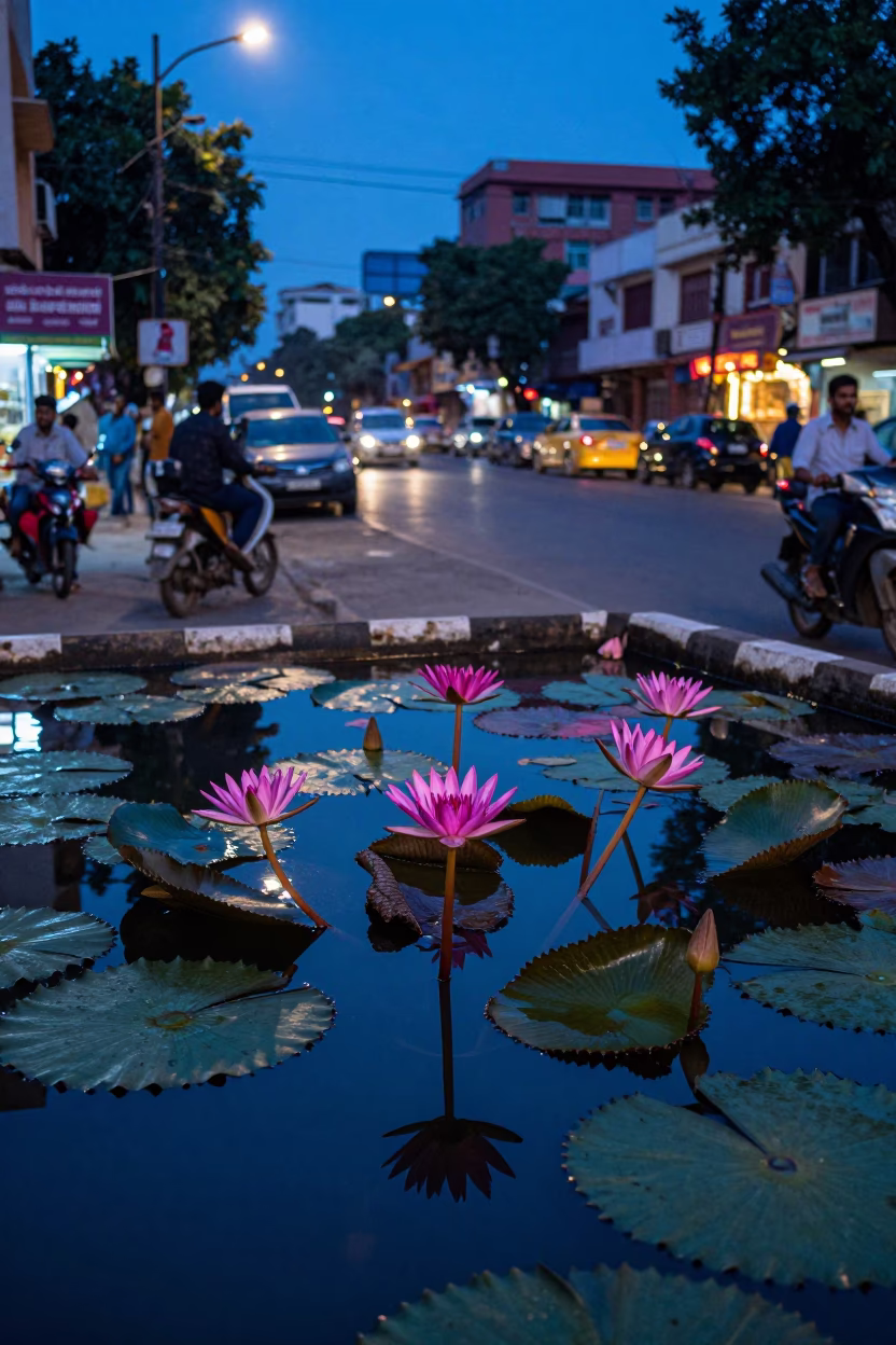 Evening light on Hyderabad street scene with lotus pond and local activity in in Hyderabad, India