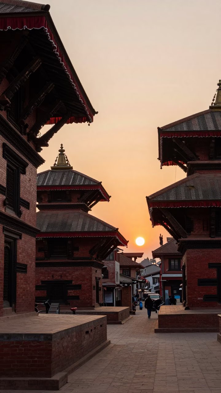 Evening Light on Kathmandu Street with Brick Architecture and Local Life in in Kathmandu, Nepal