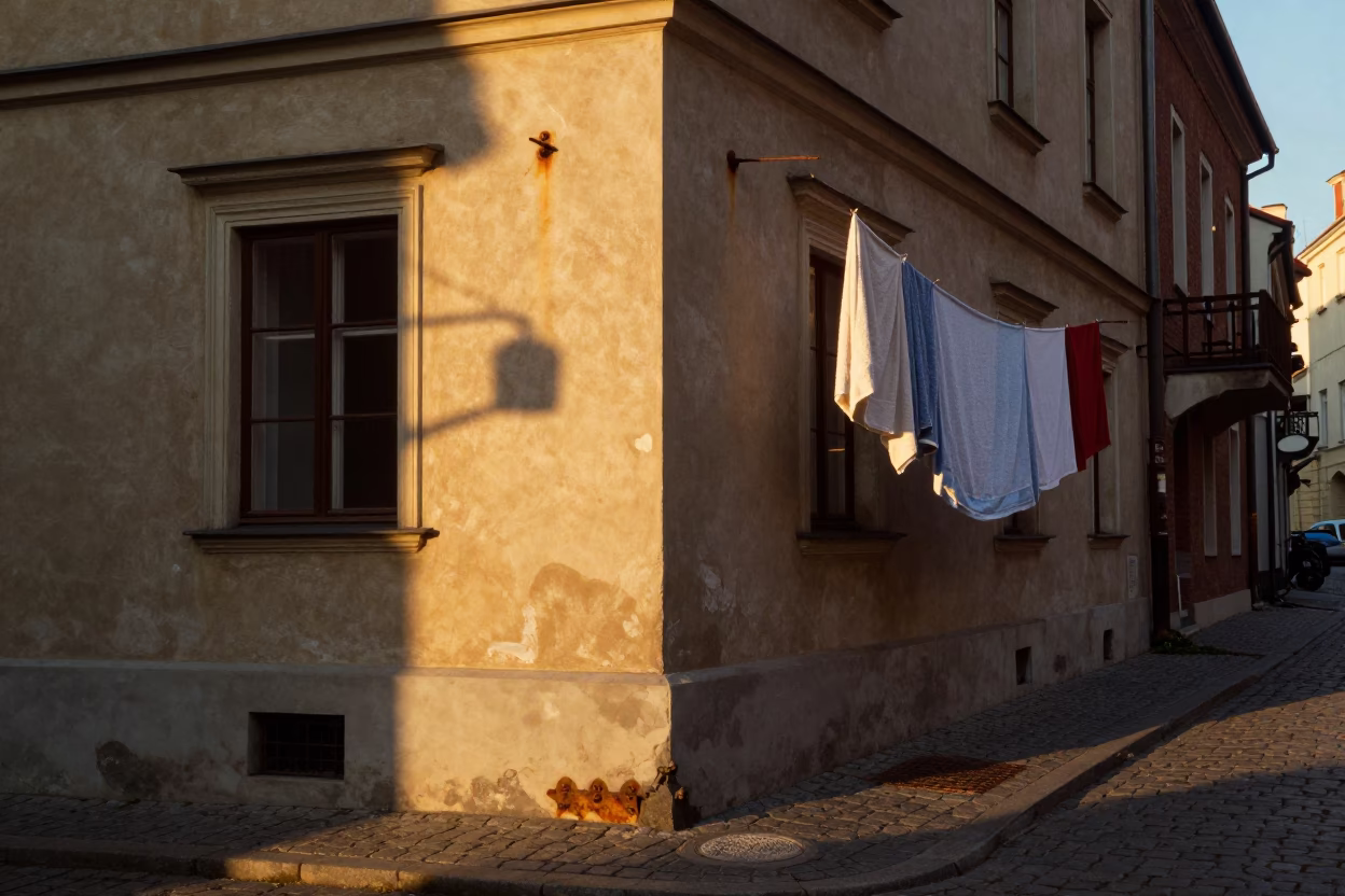 Evening Light on Krakow Street Corner with Laundry and Whisks in in Krakow, Poland