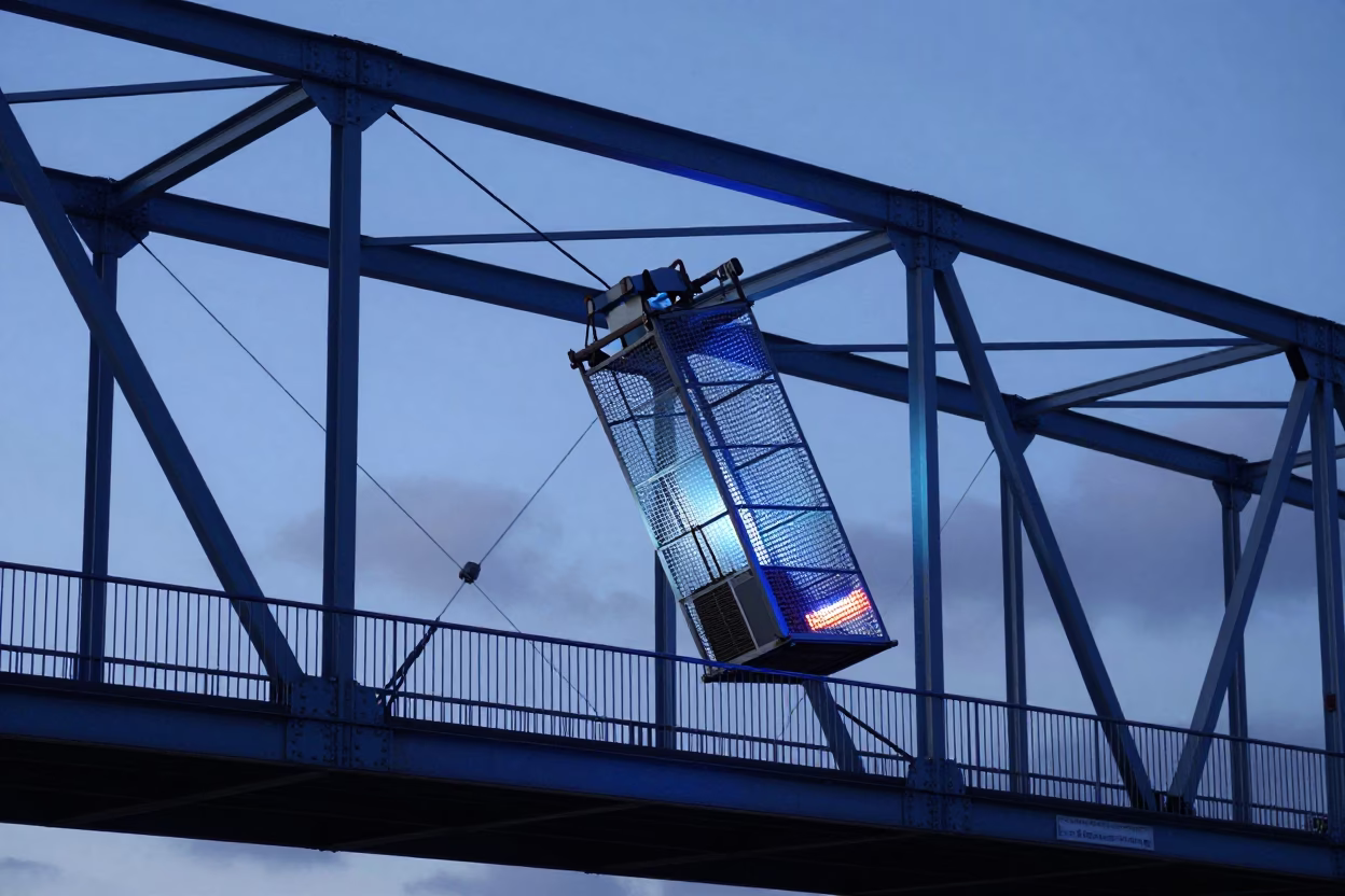 Evening Light on Liverpool Bridge Maintenance Cage Swinging in Crosswind Near Waterfront in in Liverpool, United Kingdom