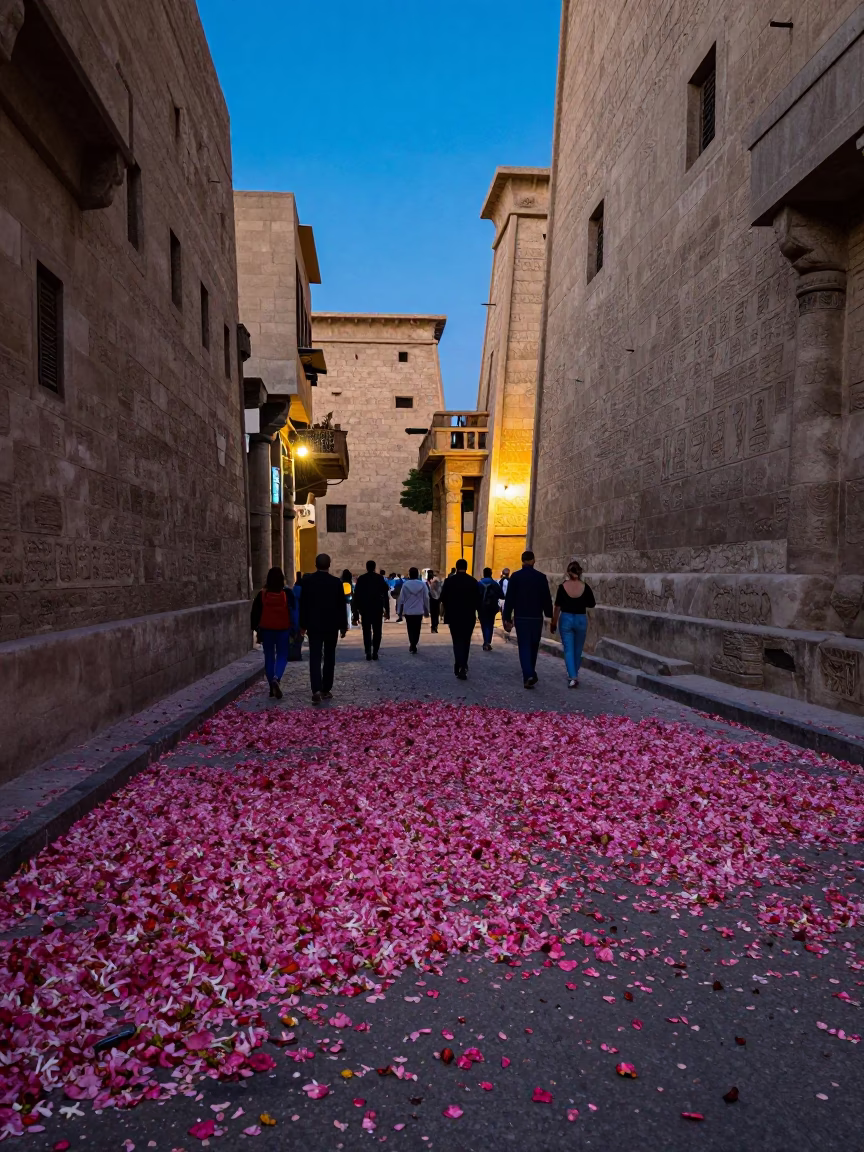 Evening Light on Luxor Street with Fallen Flower Petals and Dusty Bench in in Luxor, Egypt
