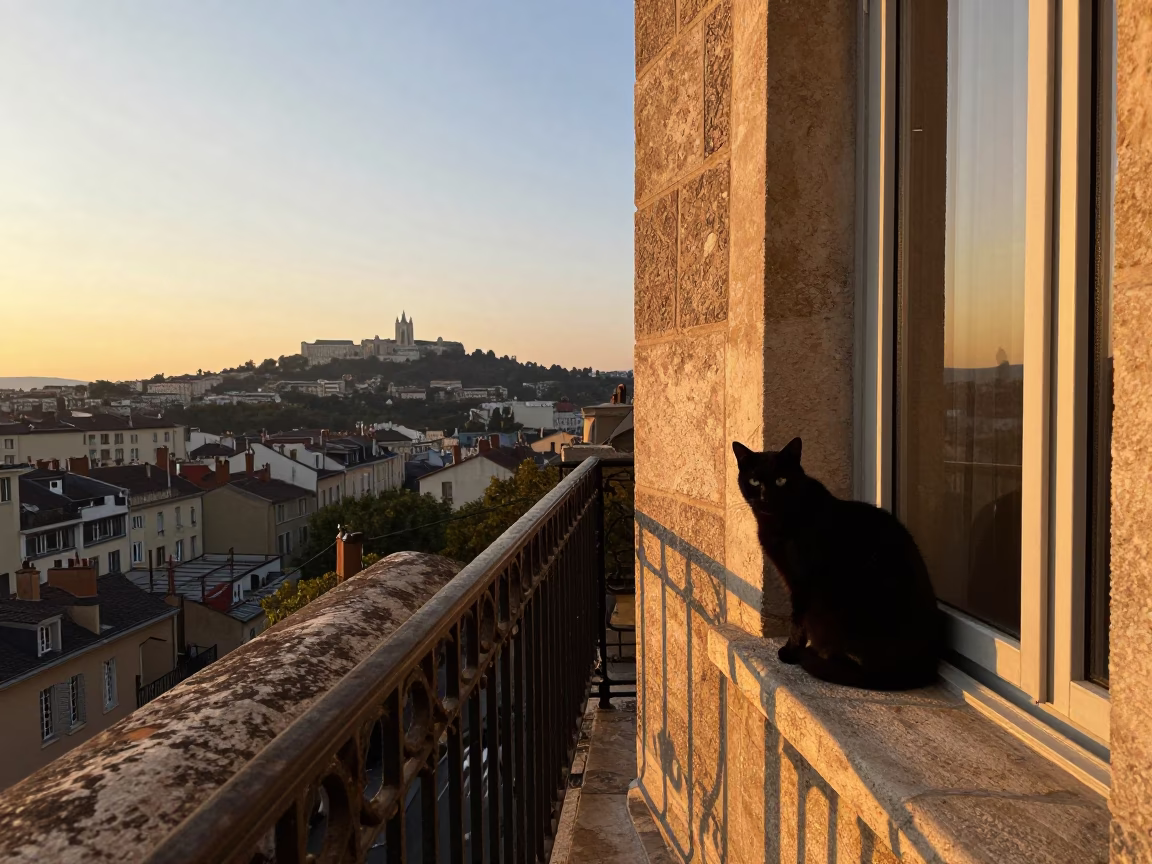 Evening Light on Lyon Balcony with Black Cat and Coffee Grinder in in Lyon, France