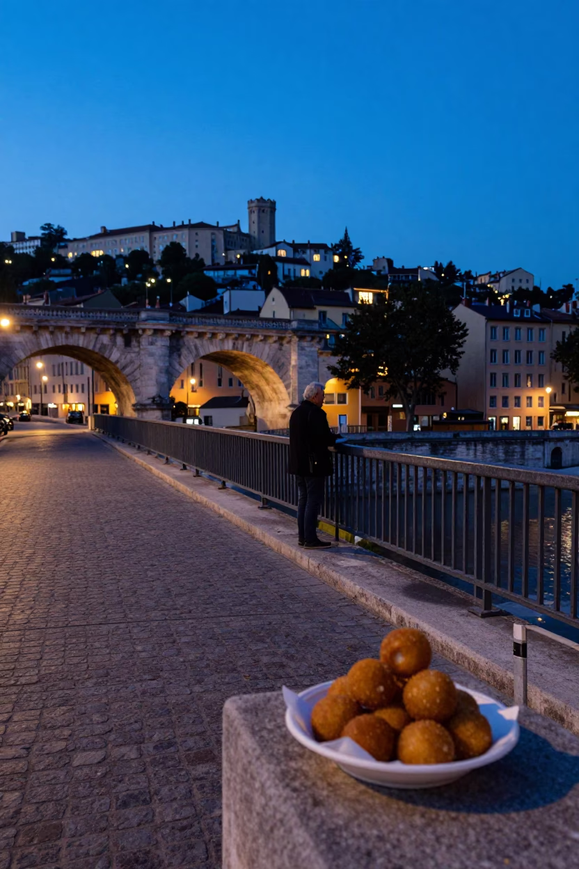 Evening light on Lyon bridge with arancini tray and brushed steel rim in in Lyon, France