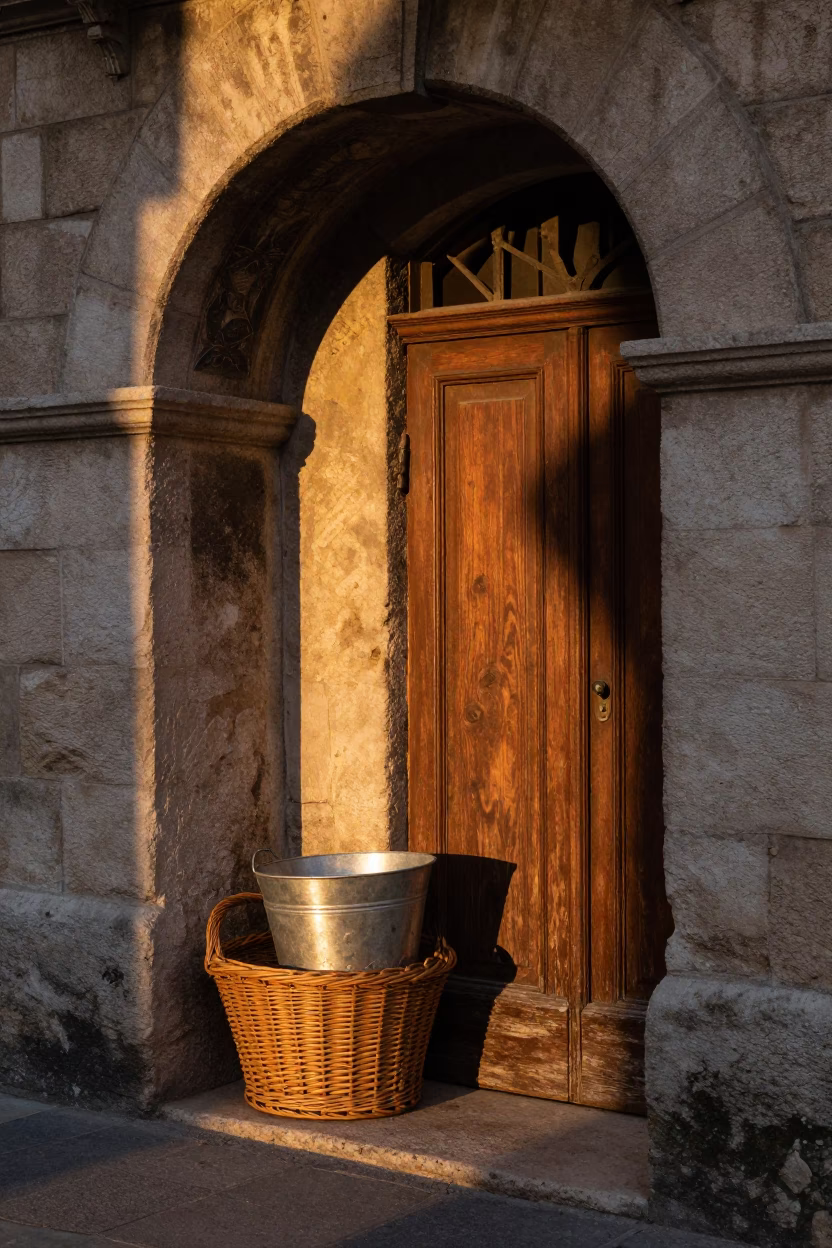 Evening light on Lyon traboules with wicker hamper and copper tray details in in Lyon, France