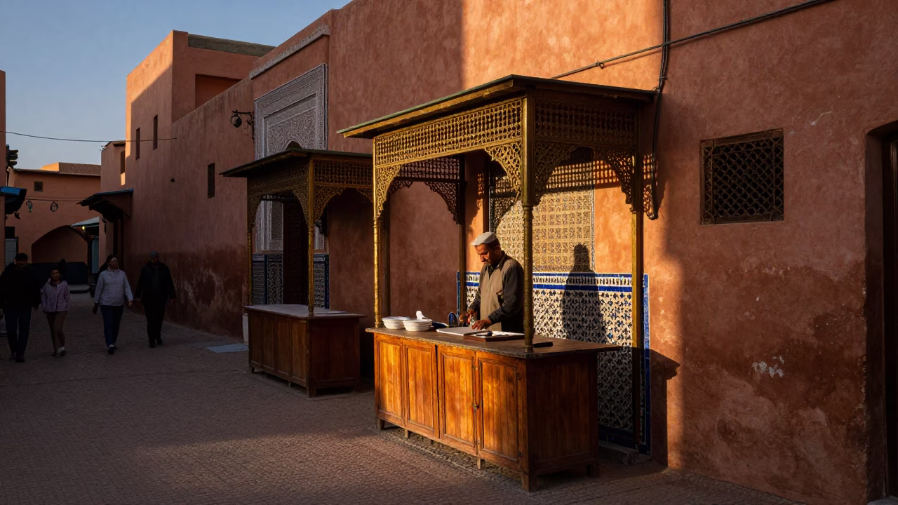 Evening Light on Marrakech Medina Stalls with Brass Rail and Woven Basket in in Marrakech, Morocco