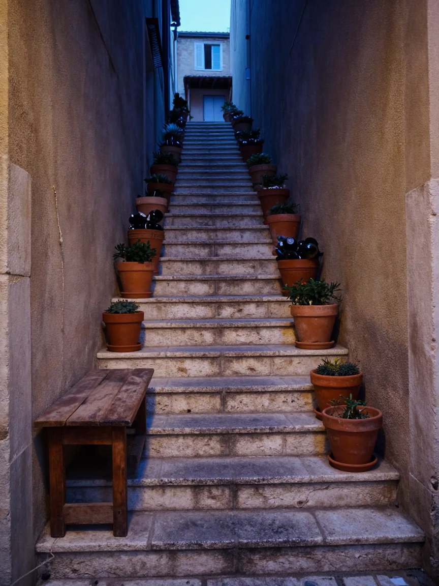 Evening light on Marseille stairwell with twine and wine opener in in Marseille, France