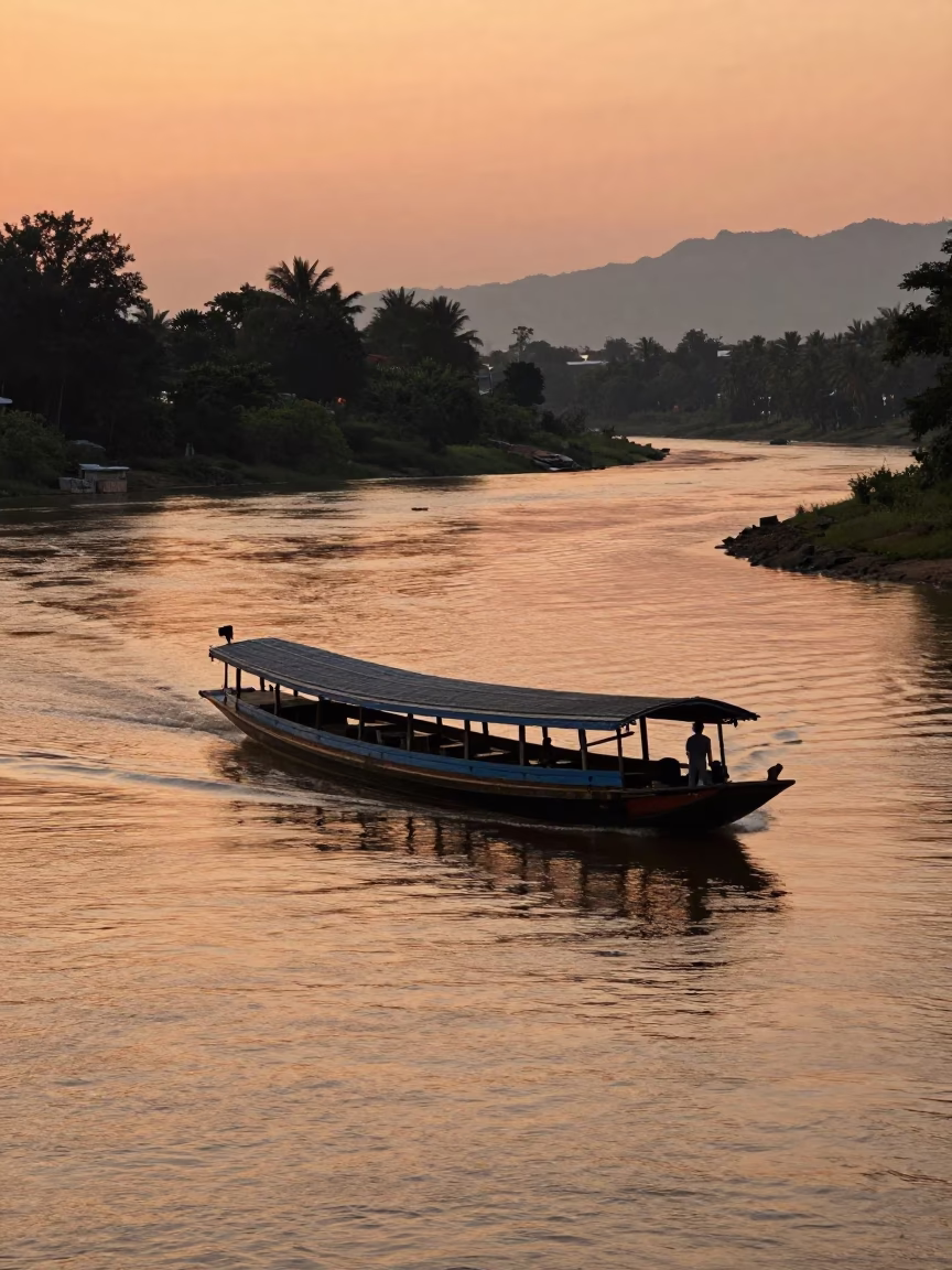 Evening Light on Mekong River Barge Navigating Bend Near Luang Prabang Golden Temple in in Luang Prabang, Laos
