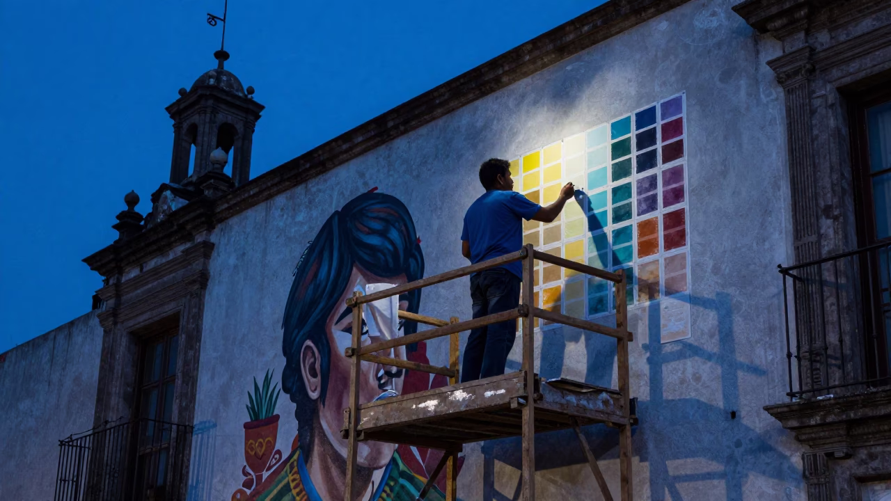 Evening Light on Mexico City Muralist Painting Swatches from Scaffold in in Mexico City, Mexico