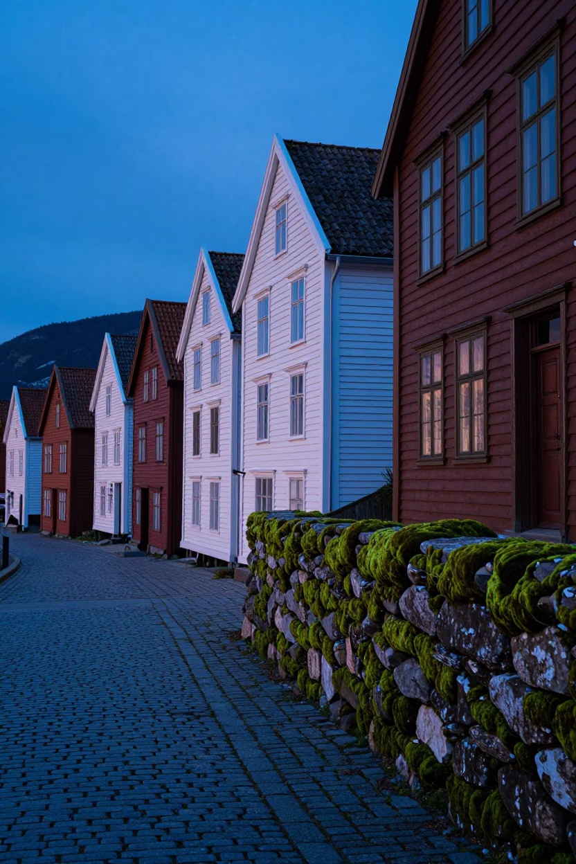 Evening light on mossy stone walls and wooden wharf in Bergen Norway in in Bergen, Norway