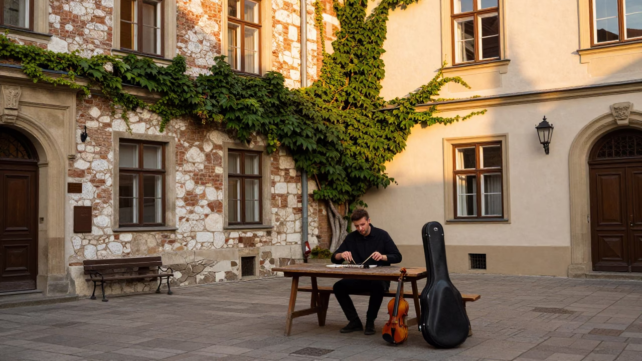 Evening Light on Musician in in Krakow, Poland