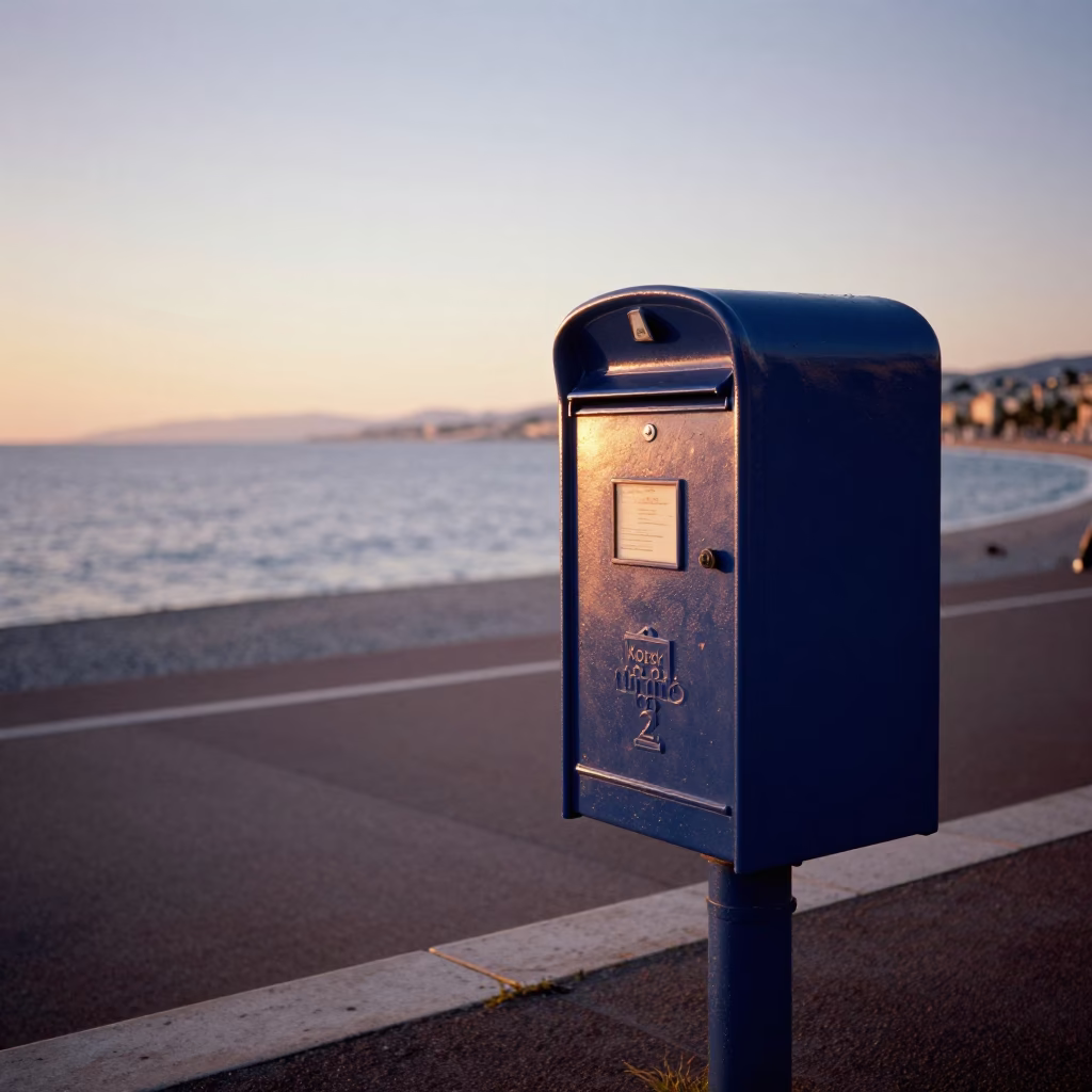 Evening light on Nice promenade mailbox near Mediterranean sea in in Nice, France