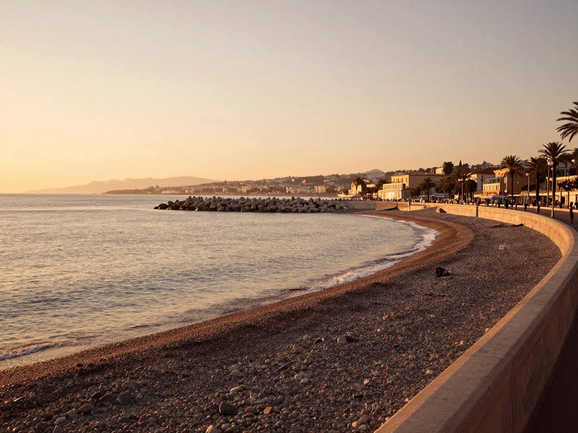 Evening Light on Nice Promenade with Coastal Breakwater and Warning Beacons in in Nice, France