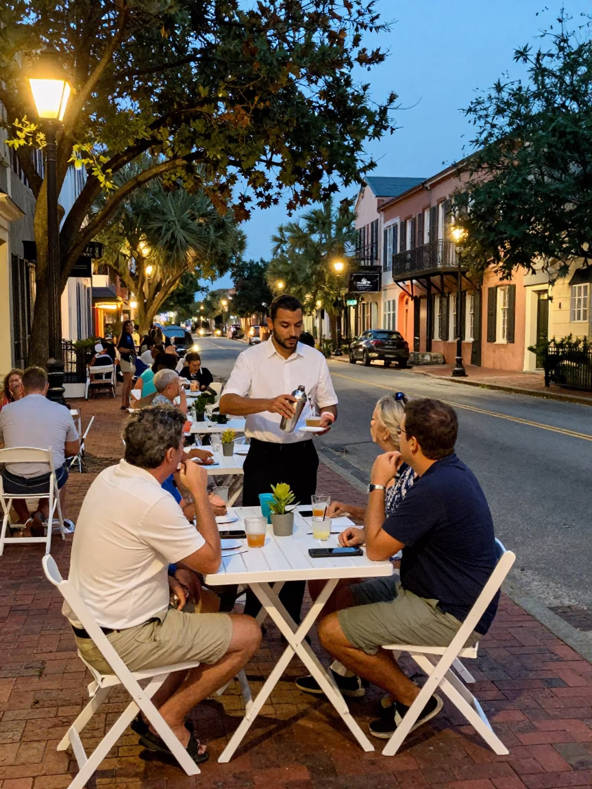 Evening Light on Outdoor Dining in Charleston in in Charleston, South Carolina, United States