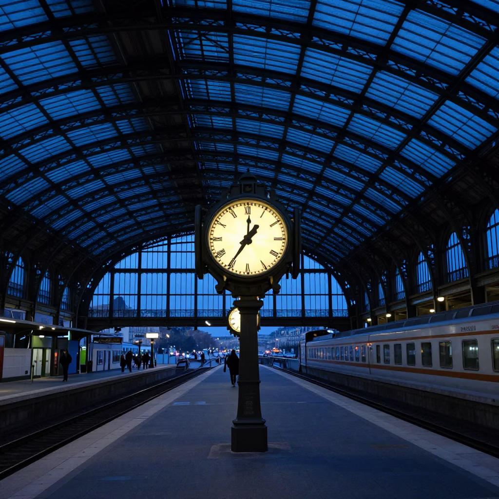 Evening Light on Parisian Train Station Clock Under Iron Roof in in Paris, France