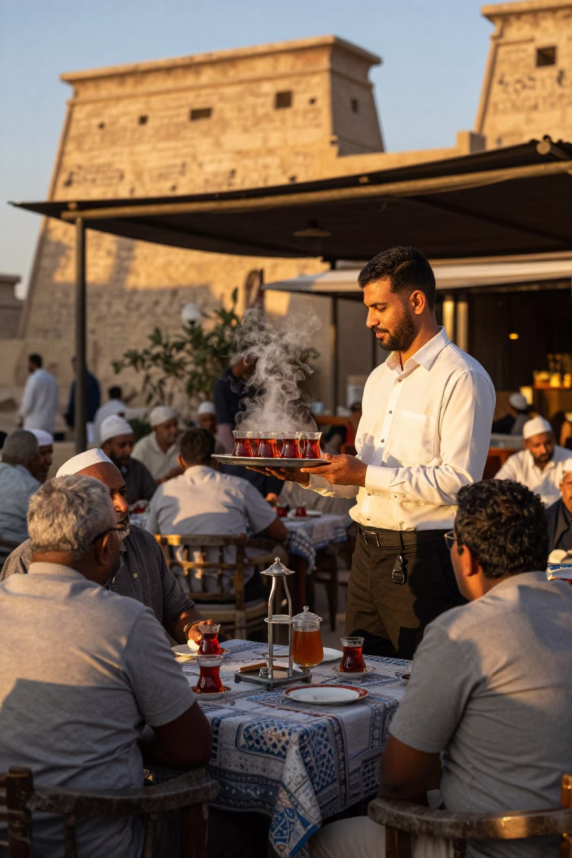 Evening Light on Patrons in Luxor in in Luxor, Egypt