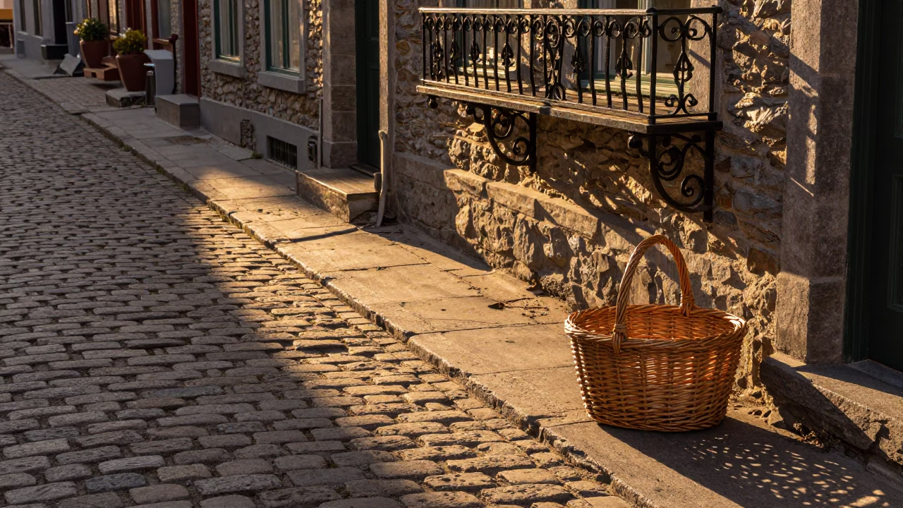 Evening Light on Quebec City Cobblestones with Wicker Basket Shadow and Stone Observatory Hilltop in in Quebec City, Quebec, Canada