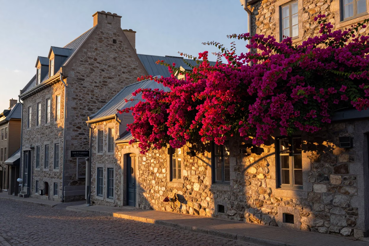 Evening Light on Quebec City Stone Facades with Bougainvillea and Steel Details in in Quebec City, Quebec, Canada