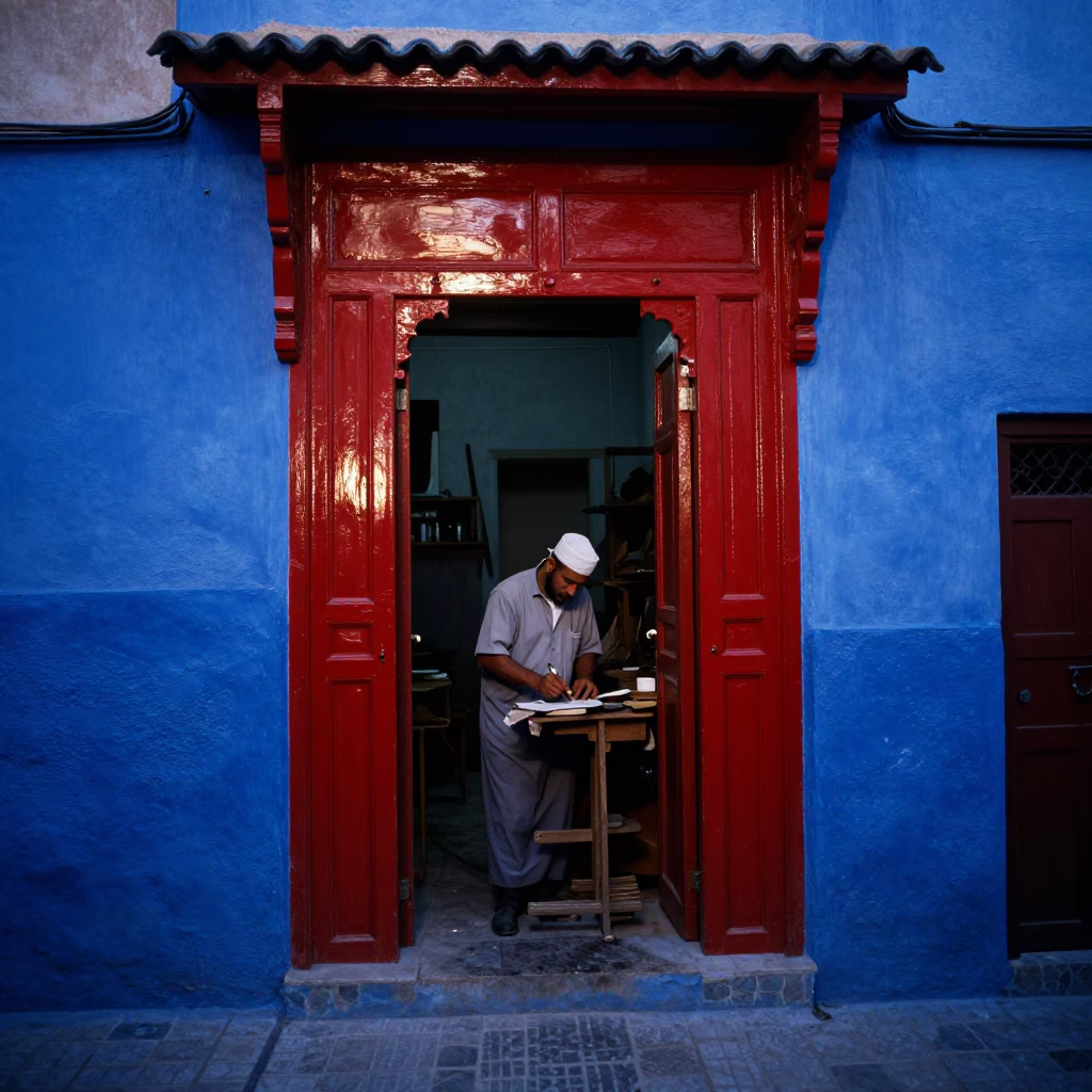 Evening Light on Red Lacquered Wood Workshop in Fez Morocco in in Fez, Morocco