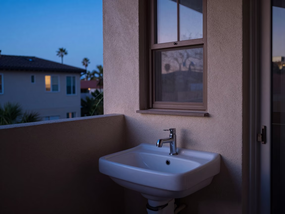 Evening Light on San Diego Balcony with Window Basin and Ferns in in San Diego, California, United States