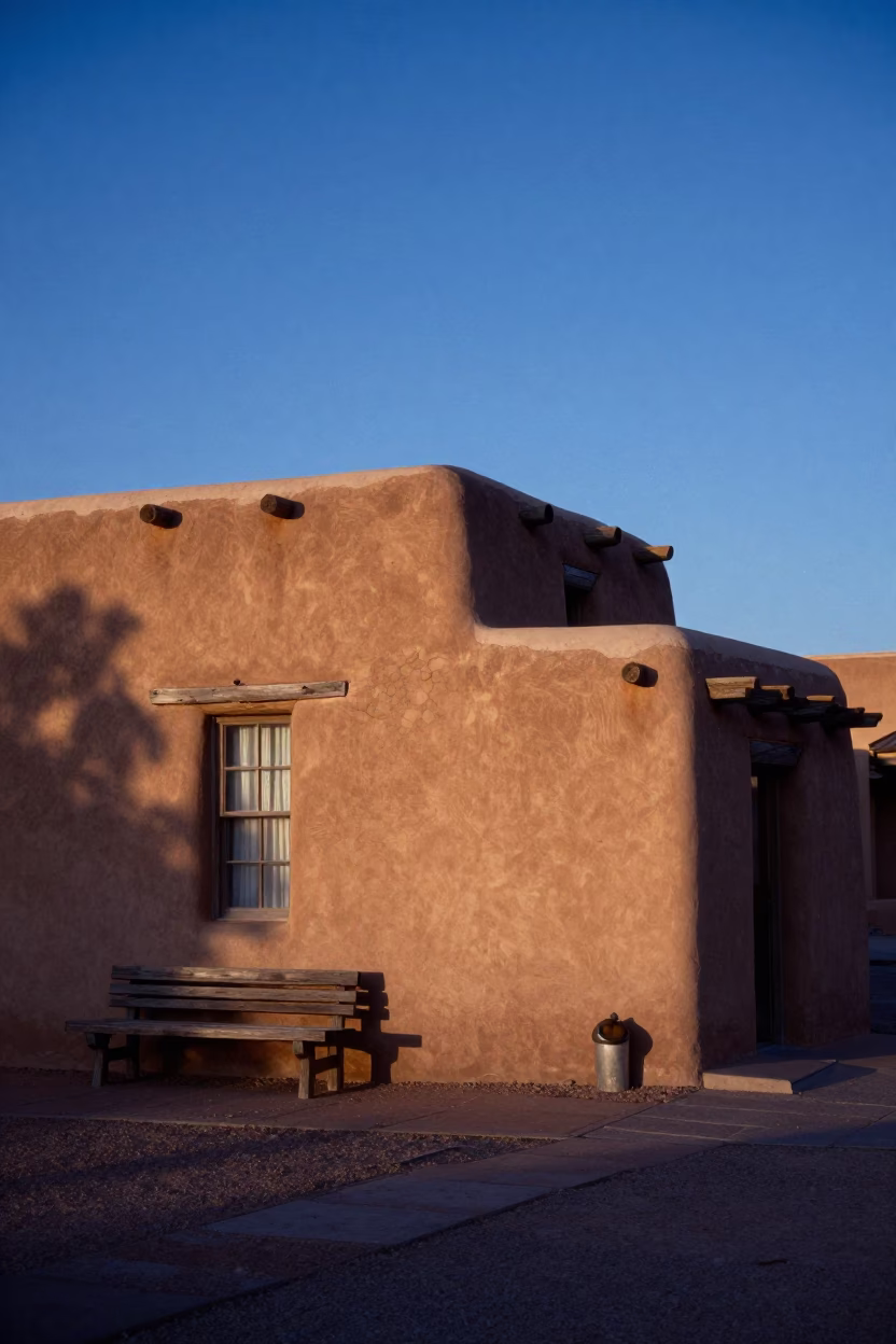 Evening light on Santa Fe adobe architecture and historic plaza street scene in in Santa Fe, New Mexico, United States