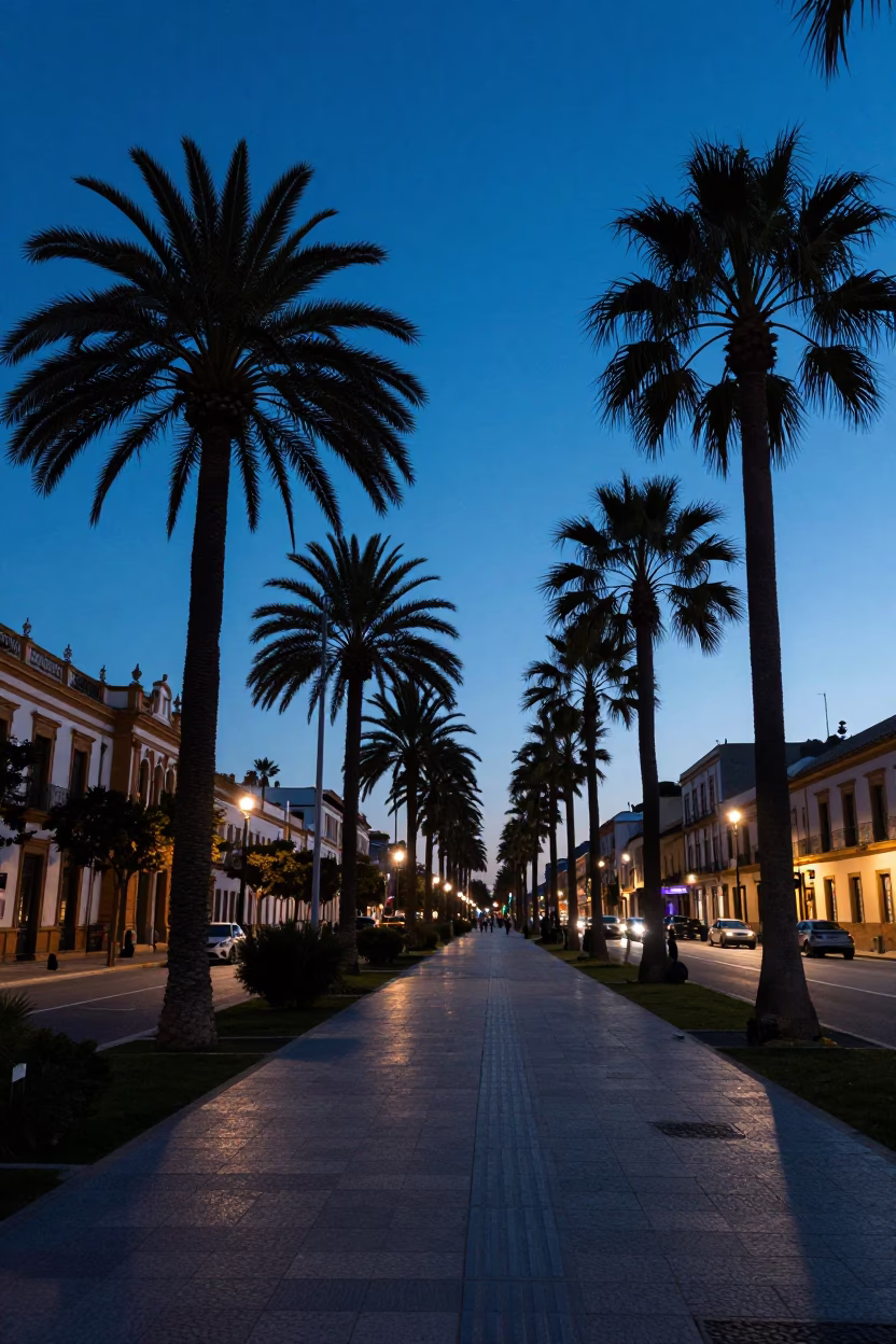 Evening Light on Seville Boulevarde with Palm Trees and Traditional Deck Chairs in in Seville, Spain