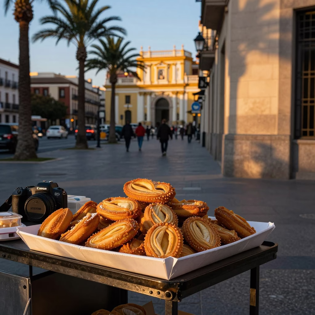 Evening Light on Seville Street Madrid Spain with Palmiers and Notebook in in Madrid, Spain