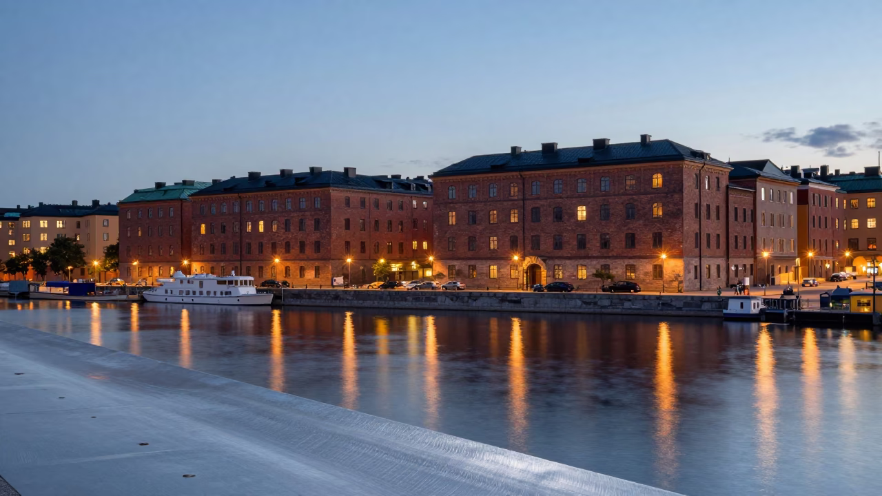 Evening Light on Stockholm Waterfront with Brushed Steel Runner and Traditional Architecture in in Stockholm, Sweden