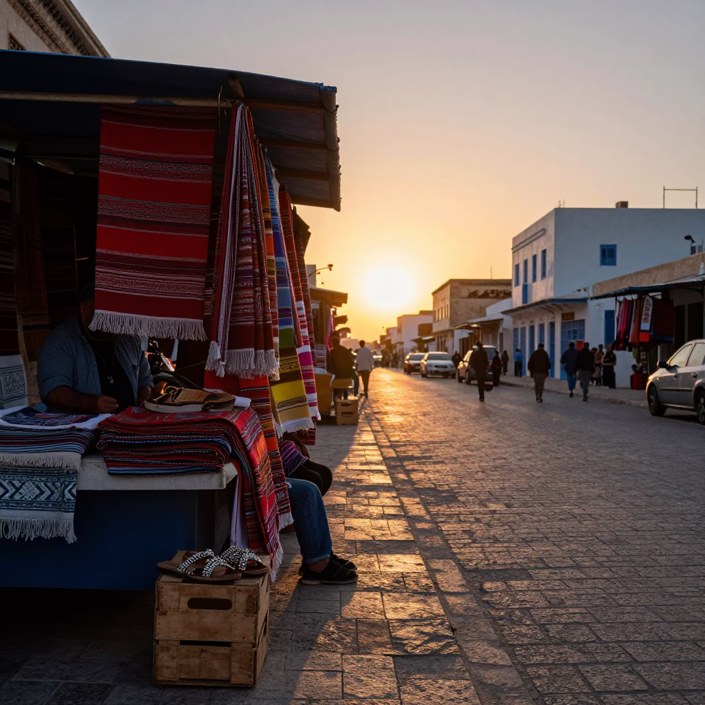 Evening Light on Street Scene in Tunis in in Tunis, Tunisia