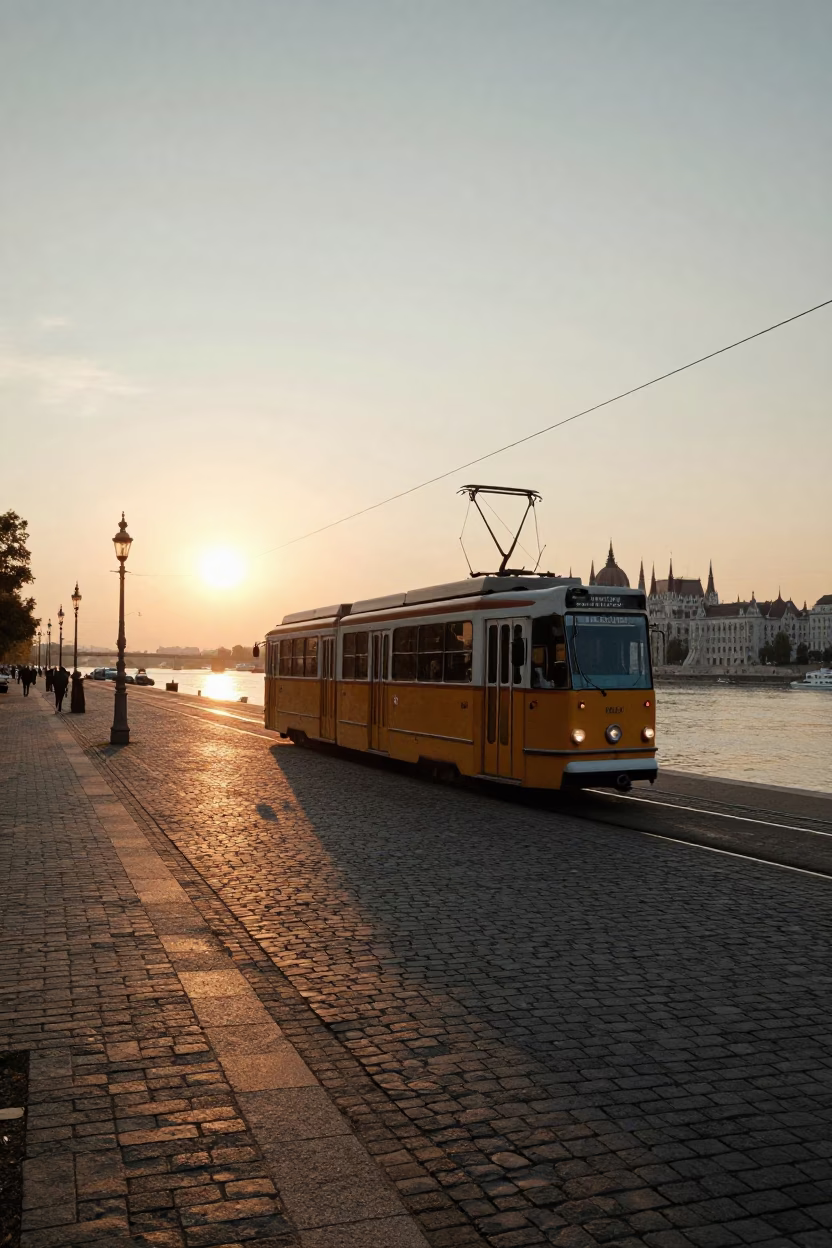 Evening Light on the Danube Promenade with Tram Tracks and River Reflections in Budapest in in Budapest, Hungary
