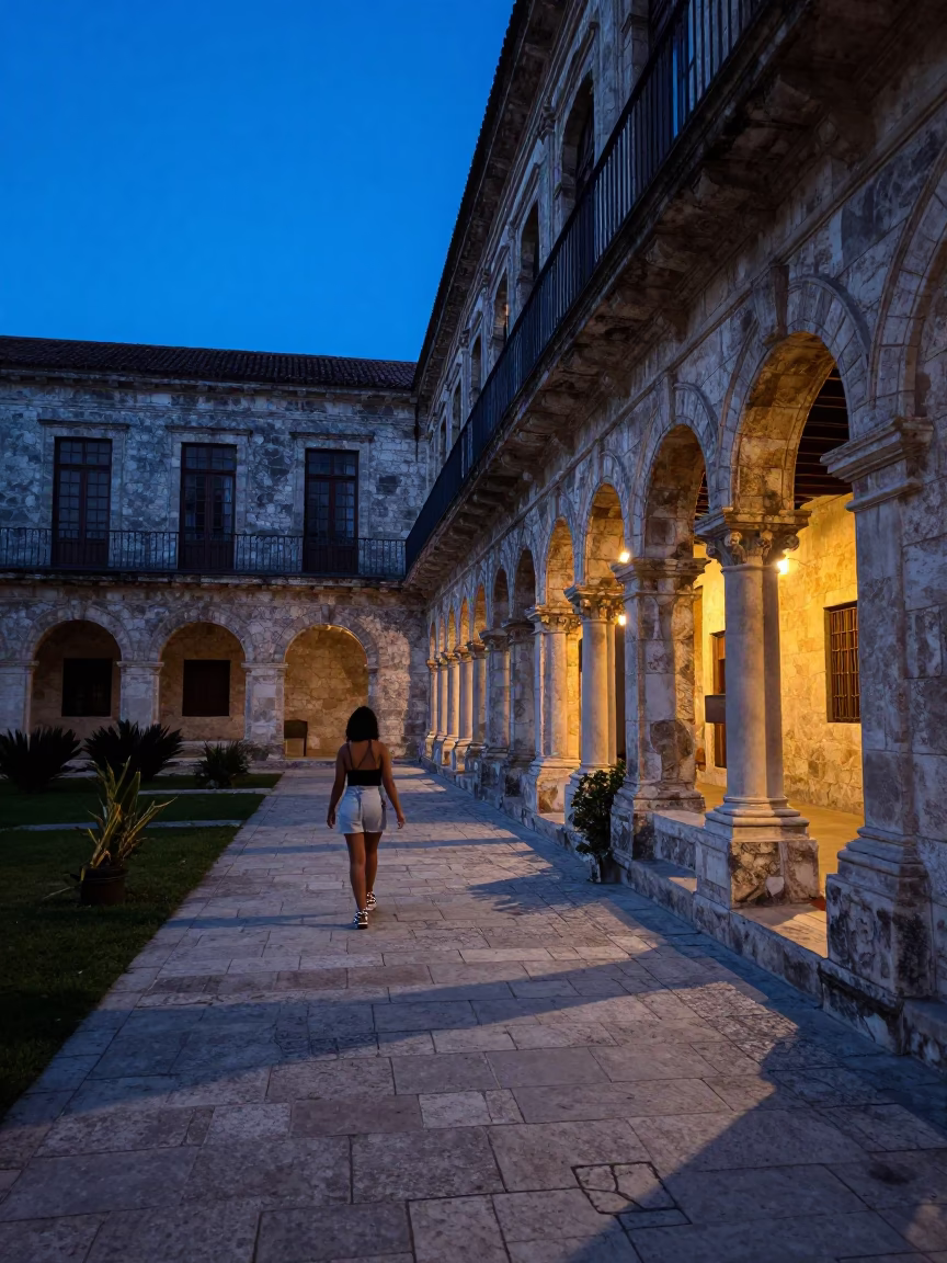 Evening Light on University Cloister Walkway in Havana Cuba with Stone Architecture in in Havana, Cuba