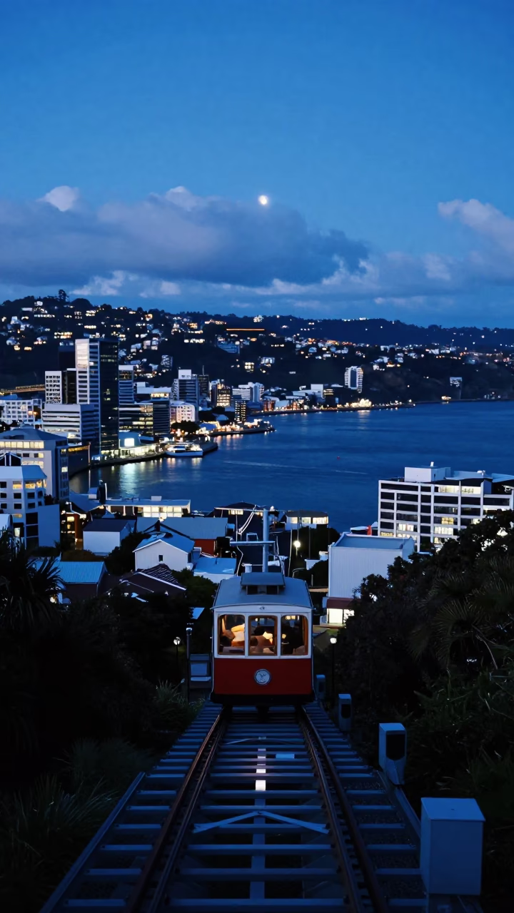 Evening Light on Wellington Harbour Cable Car Track and City Skyline in in Wellington, New Zealand