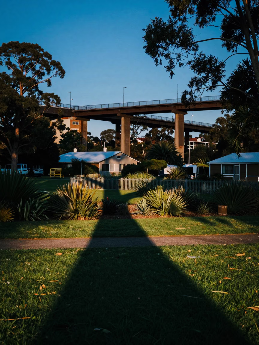 Evening Light Over Adelaide Park Lands Viaduct Shadow on Garden Allotments in in Adelaide, South Australia, Australia