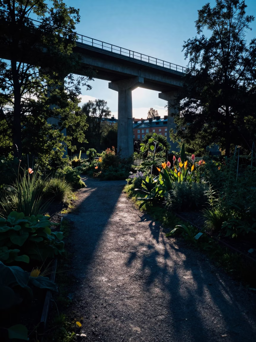 Evening Light Over Stockholm Allotment Gardens With Viaduct Shadow and Snow in in Stockholm, Sweden