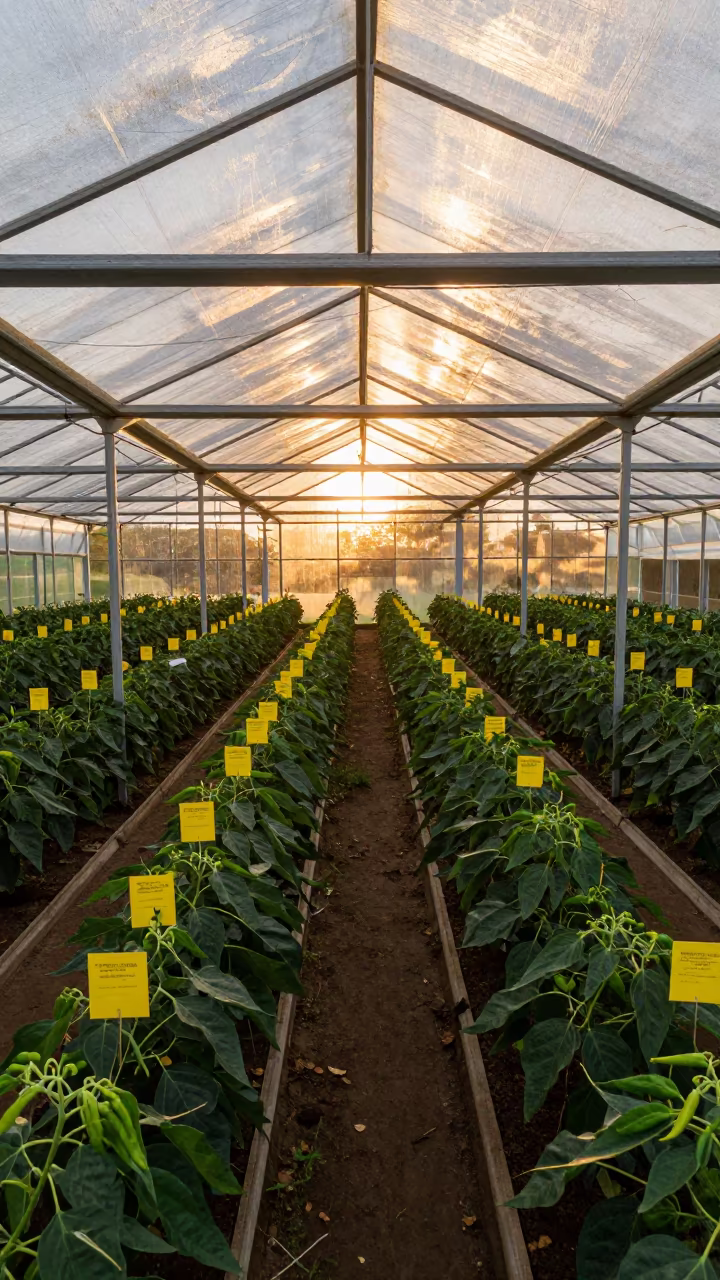 Evening Light in Western Australian Pepper Greenhouse in under translucent greenhouse roofing in Western Australia